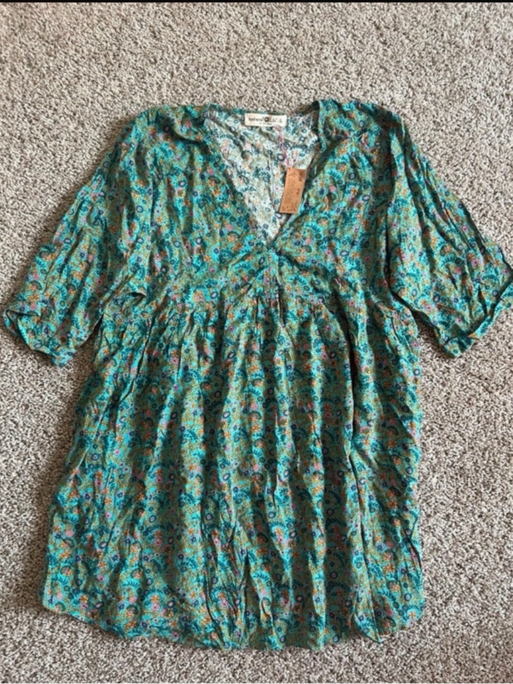 NATURAL LIFE Teal Floral V-Neck Empire Mini Dress/Tunic NWT